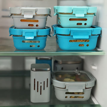 glass tiffins and containers in fridge