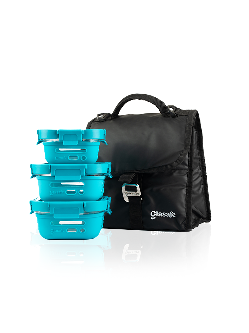 Glasafe Gourmet Lunch Box Set of 3 Glass tiffins with Lunch Bag for Office (Tiffins: 320mlx1 + 520mlx2, Lunch Bag: 7l)