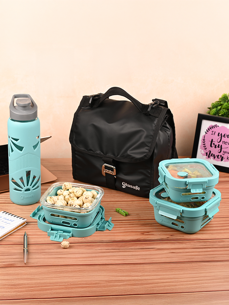 Glasafe Premium Office Meal Combo of 4 with Lunch Bag (Bottle: 750mlx1, Tiffin: 320mlx1 + 520mlx2, Lunch Bag: 7lx1)