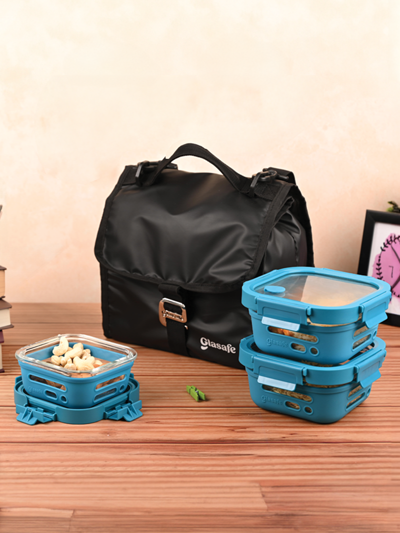 Glasafe Gourmet Lunch Box Set of 3 with Office Lunch Bag (Tiffins: 320mlx1 + 520mlx2, Lunch Bag: 7lx1)