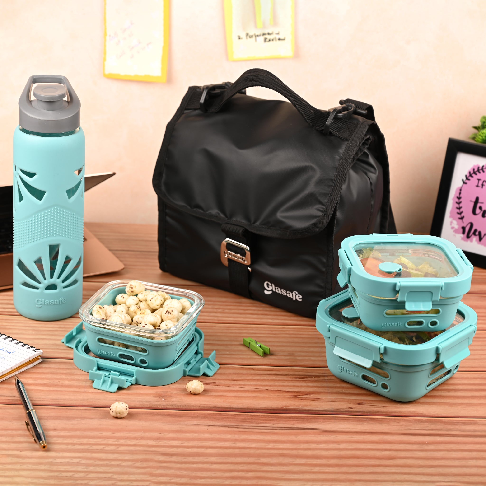 Glasafe Trio Munch Office Combo with Lunch Bag Set of 5 (Tiffin: 320mlx2 + 520mlx1 + Bottle: 750ml)