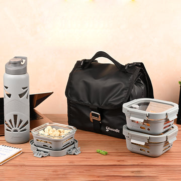 Glasafe Lunch Meal Office Combo with Lunch Bag Set of 5 (Tiffin: 320mlx1 + 520mlx2 + Bottle: 750ml)