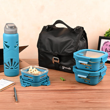 Glasafe Lunch Meal Office Combo with Lunch Bag Set of 5 (Tiffin: 320mlx1 + 520mlx2 + Bottle: 750ml)