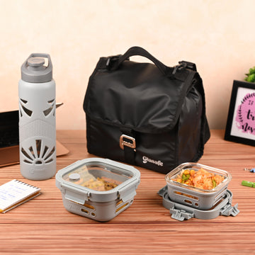 Glasafe Desk Munch Office Combo with Lunch Bag Set of 4 (Tiffin: 320mlx1 + 520mlx1 + Bottle: 750ml)